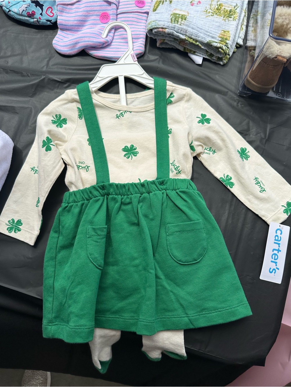 Carter's Cream Top with Green Shamrock Print and Green Suspender Skirt